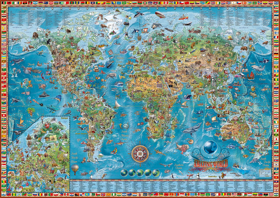 Illustrierte Weltkarte von Ray&Co, 2024 mit 650 Illustrationen: Bildungswandkunst für das Kinderzimmer 