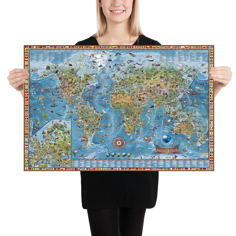 Illustrierte Weltkarte von Ray&Co, 2024 mit 650 Illustrationen: Bildungswandkunst für das Kinderzimmer 