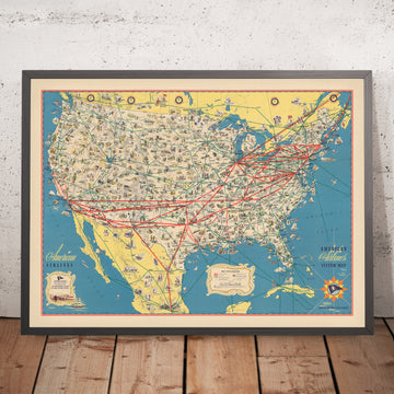 Vecchia mappa delle American Airlines degli Stati Uniti, 1947: Rotte aeree 