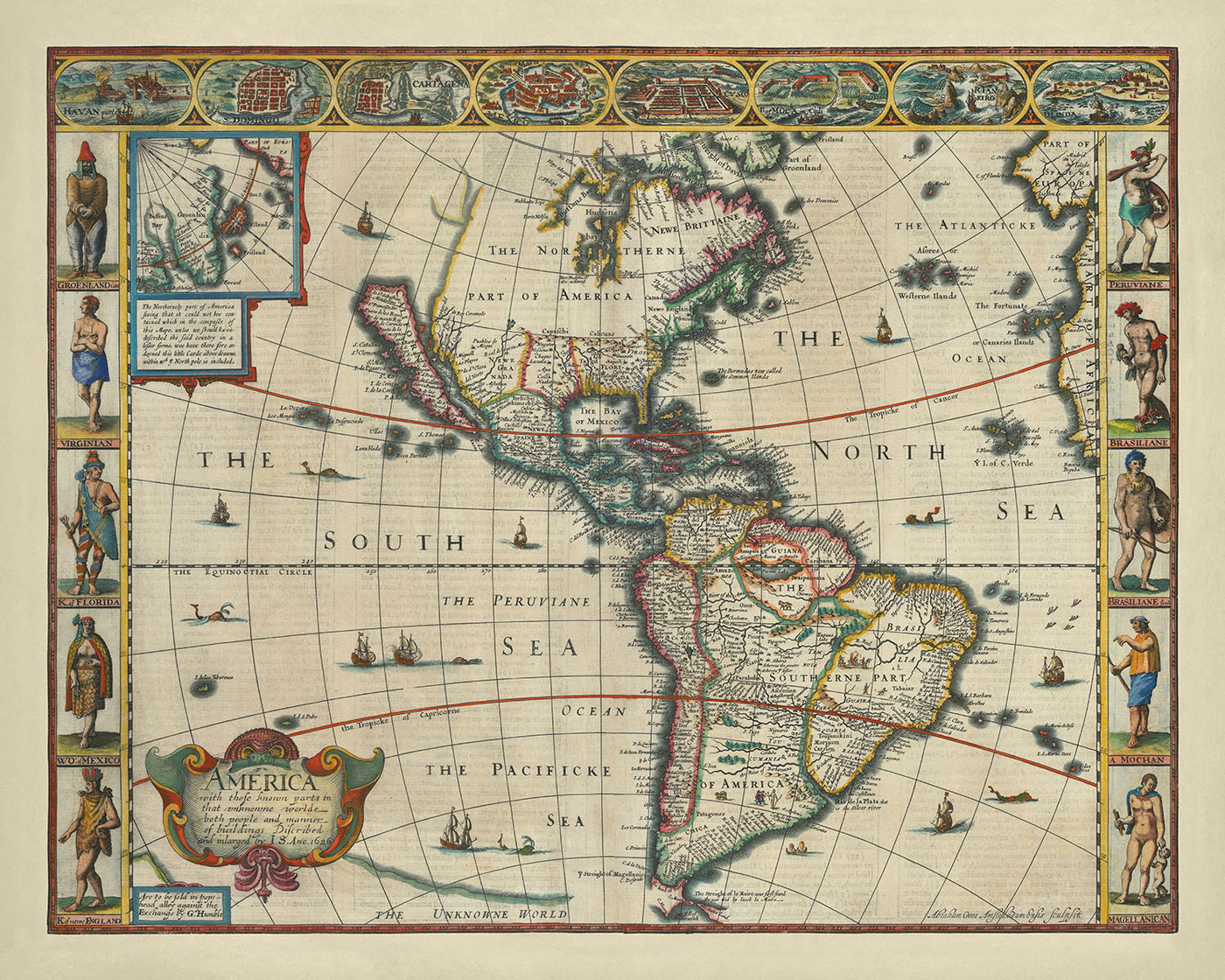 Mapa antiguo de América de Speed, 1626: California como isla, colonias tempranas, elementos decorativos