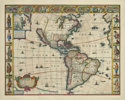 Rare Old Map of America by John Speed, 1626: California as Island, Early Colonies, Plymouth, Virginia