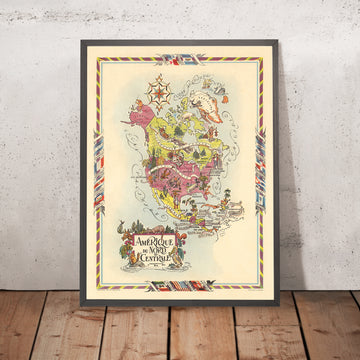 Mappa Pittorica Antica del Nord e Centro America di Liozu, 1951: Città Principali, Fauna, USA, Caraibi 