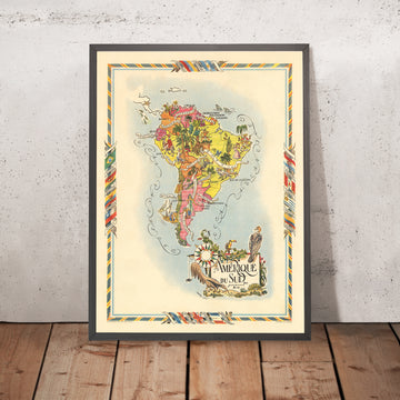 Antigua Mapa Pictórico de América del Sur por Liozu, 1951: Industrias y Vida Silvestre, Brasil, Argentina, Chile 