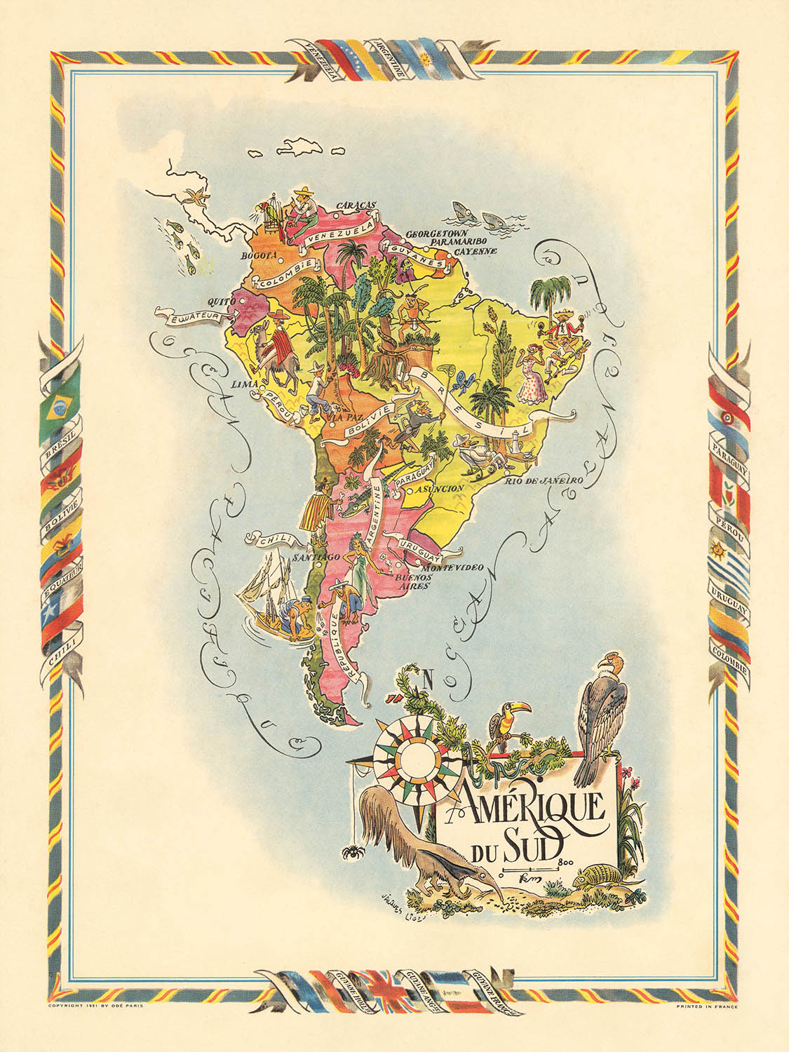 Antiguo mapa de América del Sur de Liozu, 1951: estilo pictórico, industrias y vida silvestre, elementos decorativos