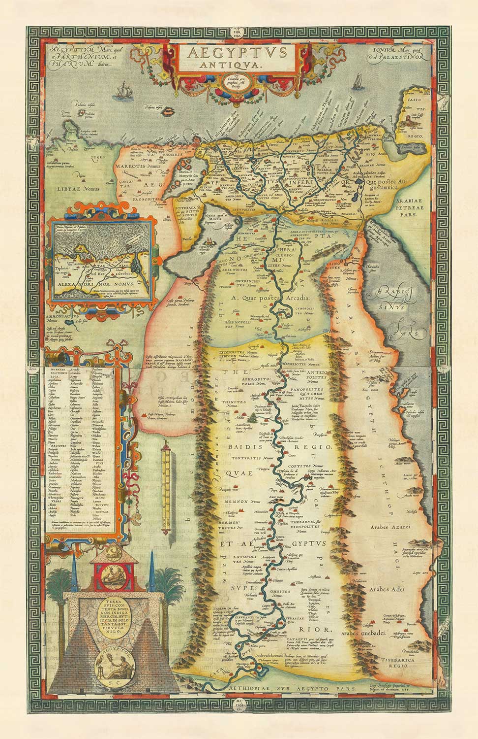Alte Karte des alten Ägypten von Abraham Ortelius aus dem Jahr 1584 – Nil, Alexandria, Memphis, Babylon, die Pyramiden