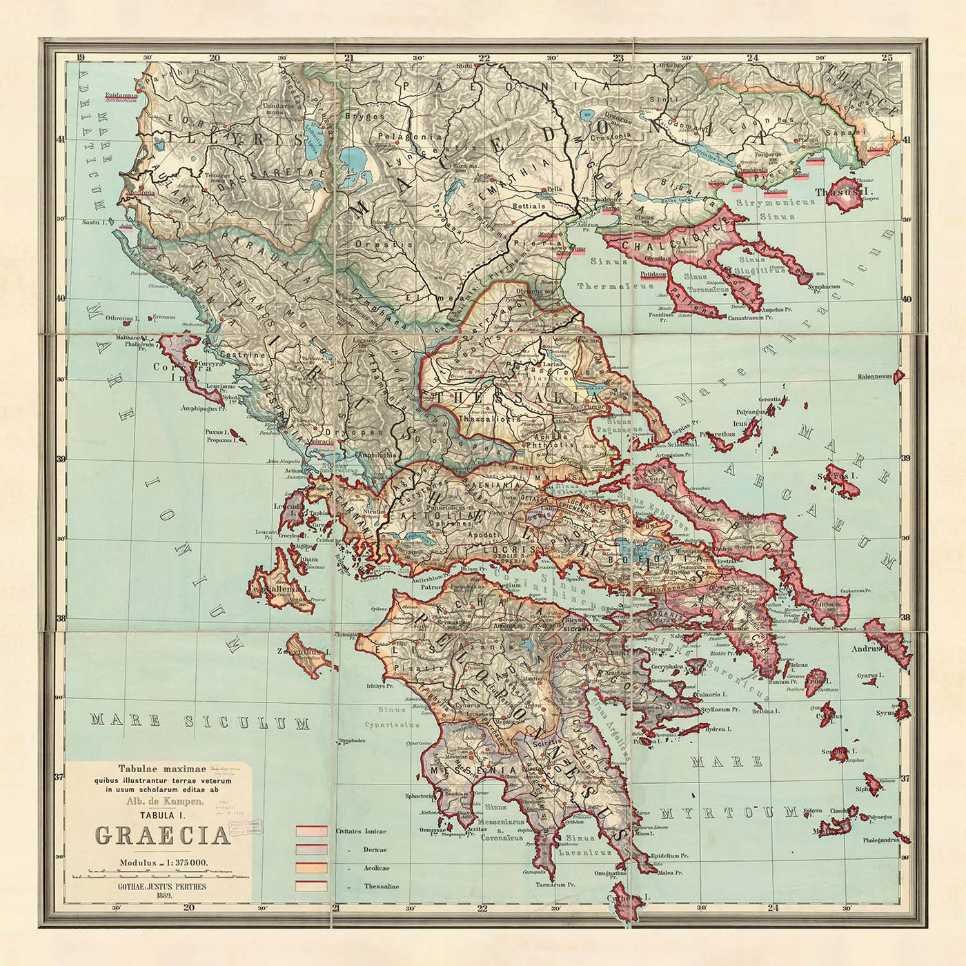 Ancienne carte de la Grèce antique par Van Kampen en 1889 - Athènes, Corfou, Zakynthos, Megara, Sparte