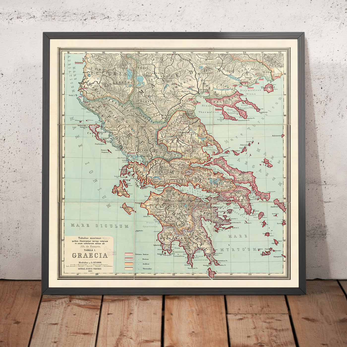 Mapa antiguo de la antigua Grecia de Van Kampen en 1889: Atenas, Corfú, Zakynthos, Megara, Esparta