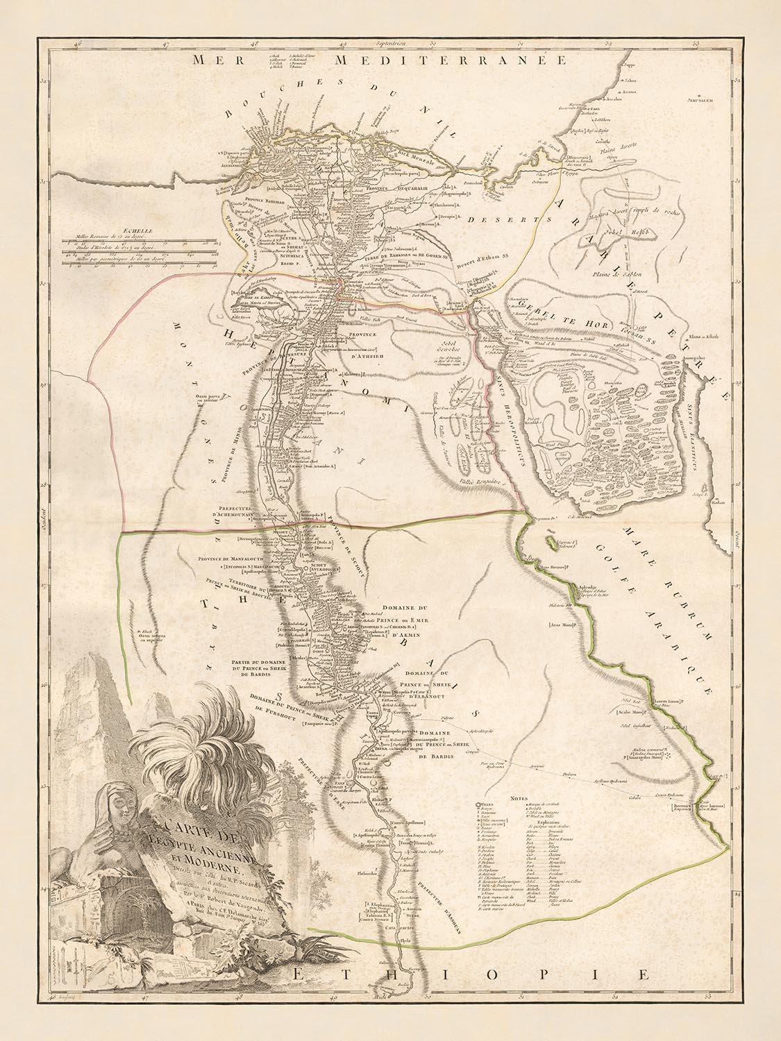 Old Map of Ancient Egypt by Delamarche, 1757: Nile, Pyramids, Sphinx, Temples, Cairo, Giza, Luxor, Memphis, etc.