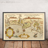 Old Naval Map of Cadiz by Waghenaer, 1583: Strait of Gibraltar, Cadiz, Lisbon, Sea Monsters, Sailing Ships
