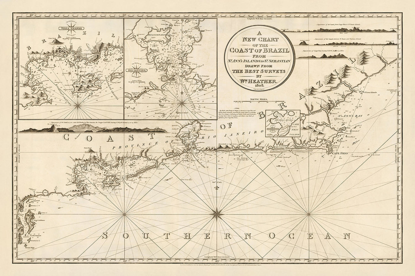 Alte brasilianische Küstenseekarte von Heather, 1808: Rio de Janeiro, Kap Frio, Salvador
