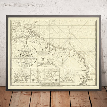 Antico Carta Nautica della Costa della Guyana di Heather, 1828: Demerara, Suriname, Cayenna 