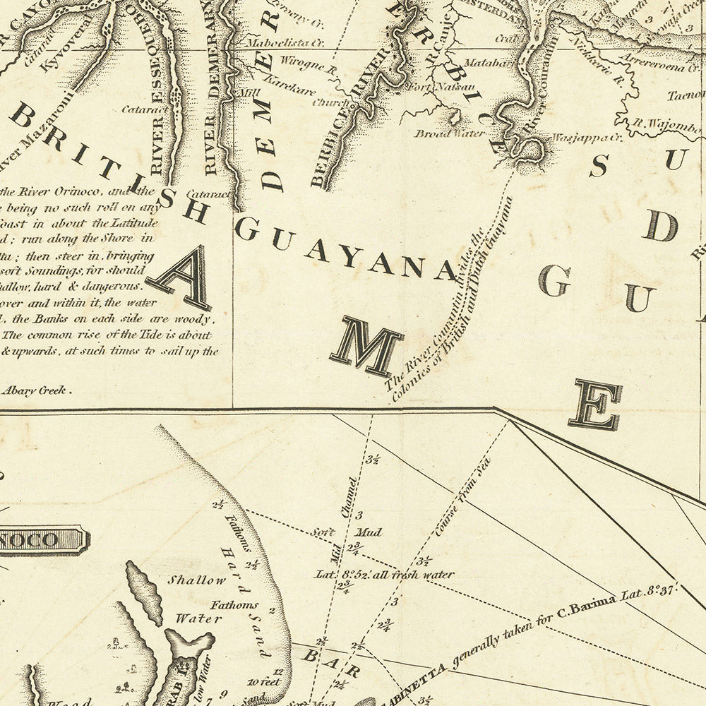 Ancienne carte nautique de la côte de la Guyane par Heather, 1828 : Demerary, Surinam, Cayenne