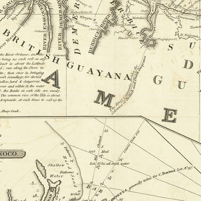 Carta náutica antigua de la costa de Guyana, de Heather, 1828: Demerary, Surinam, Cayena