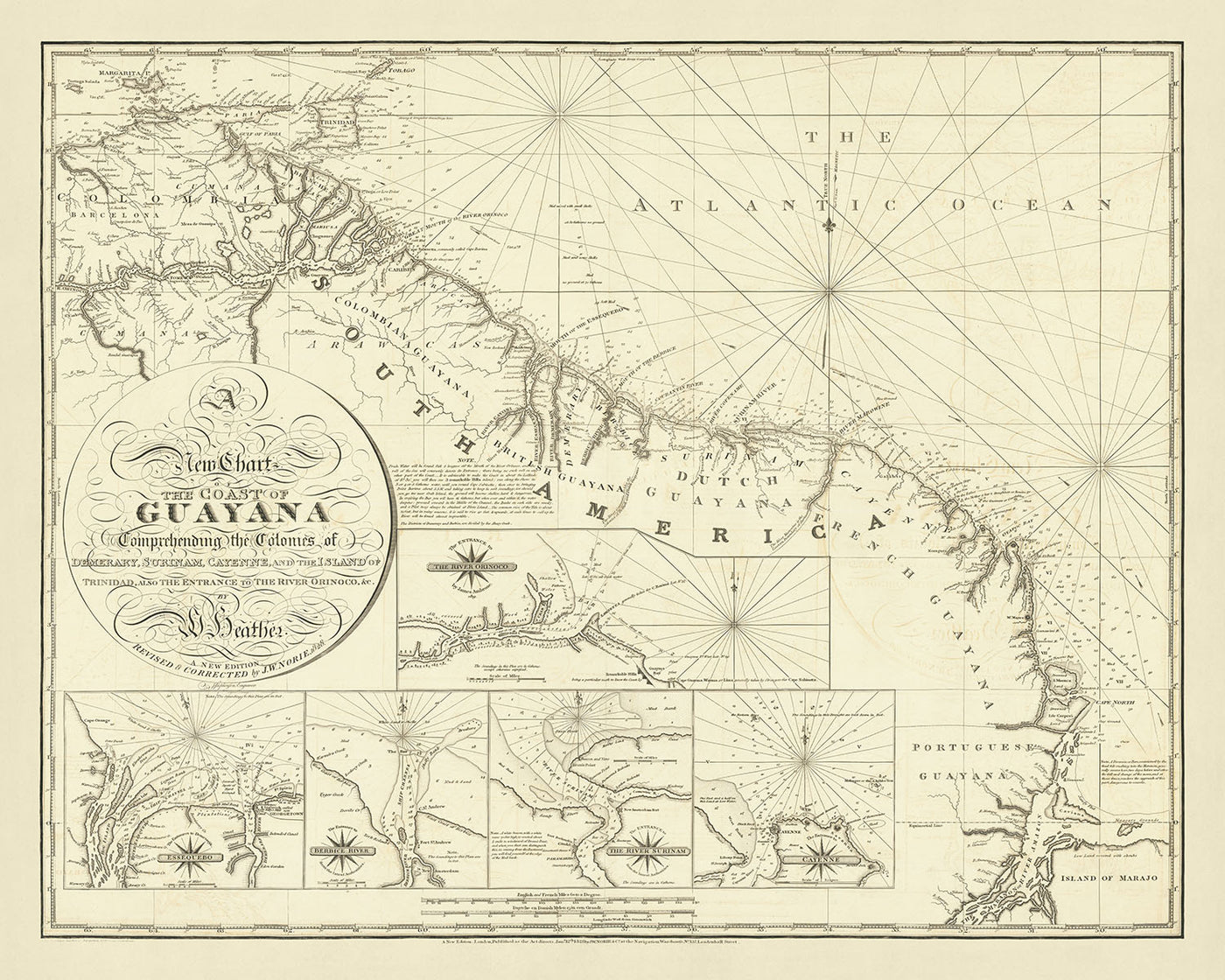 Carta náutica antigua de la costa de Guyana, de Heather, 1828: Demerary, Surinam, Cayena