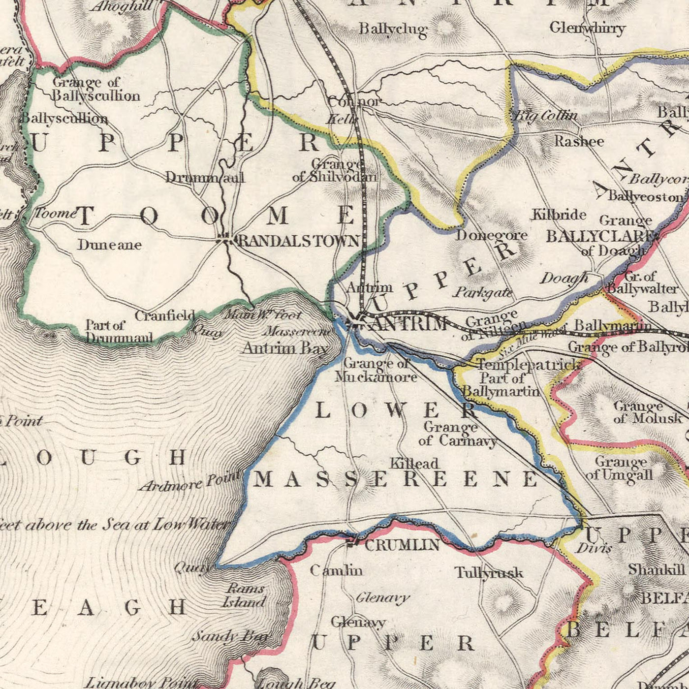 Mapa antiguo del condado de Antrim por Samuel Lewis, 1844: Belfast, Lisburn, Carrickfergus, Ballymena, Calzada del Gigante