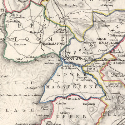 Mapa antiguo del condado de Antrim por Samuel Lewis, 1844: Belfast, Lisburn, Carrickfergus, Ballymena, Calzada del Gigante