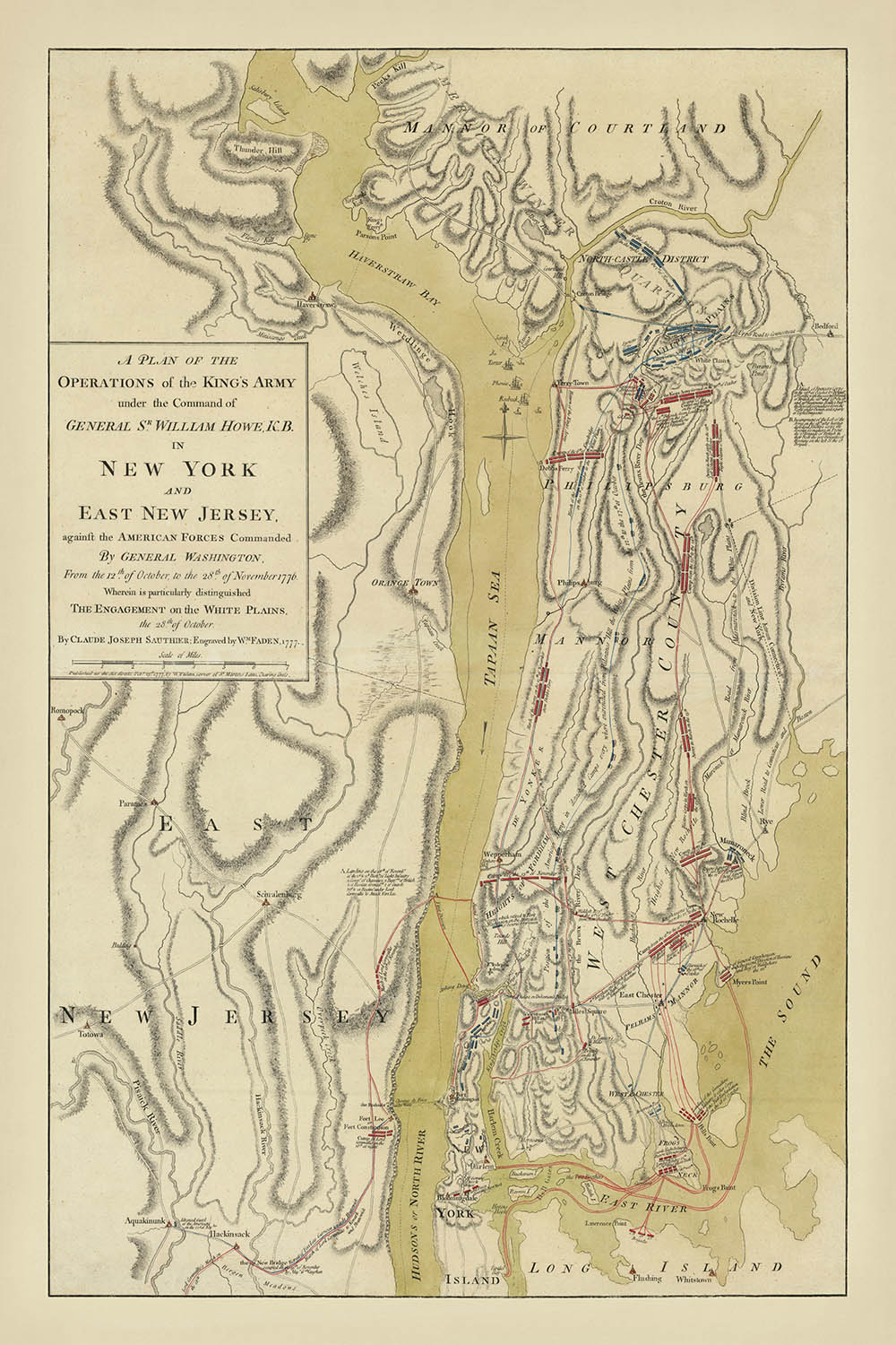 Alte Militärkarte der Schlacht von White Plains von Faden, 1777: New York, Fort Washington, Fort Lee, Chatterton Hill, Rückzugsrouten