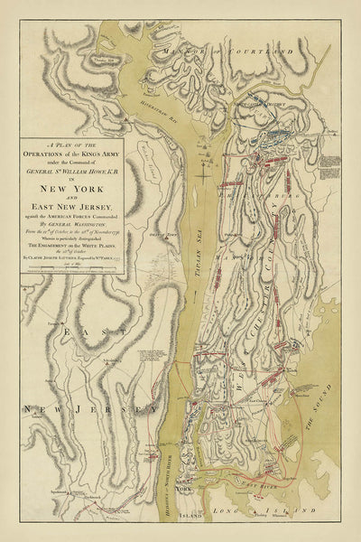 Ancienne carte militaire de la bataille de White Plains par Faden, 1777 : New York, Fort Washington, Fort Lee, Chatterton Hill, itinéraires de retraite