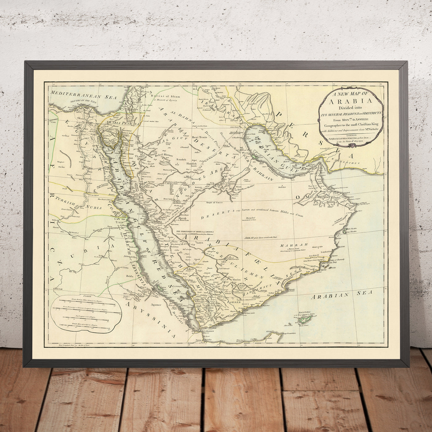 Mapa antiguo de Oriente Medio de Laurie & Whittle, 1794: desierto árido, rutas de caravanas a Damasco, islas de Bahrein, Samara y Pasteles, emirato de Ras Al Khaimah y la Mezquita Blanca.