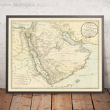 Ancienne carte du Moyen-Orient par Laurie & Whittle, 1794 : Routes de caravanes vers Damas, Bahreïn, Yémen, Oman, Émirat de Ras Al Khaimah 