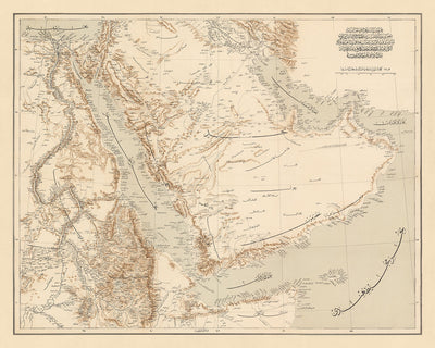 Mapa antiguo de la Península Arábiga y el Mar Rojo por el Estado Mayor del Ejército Otomano, 1897: Río Nilo, Arabia Saudita e Irak, Golfo Pérsico, Emiratos Árabes Unidos, Mar Rojo