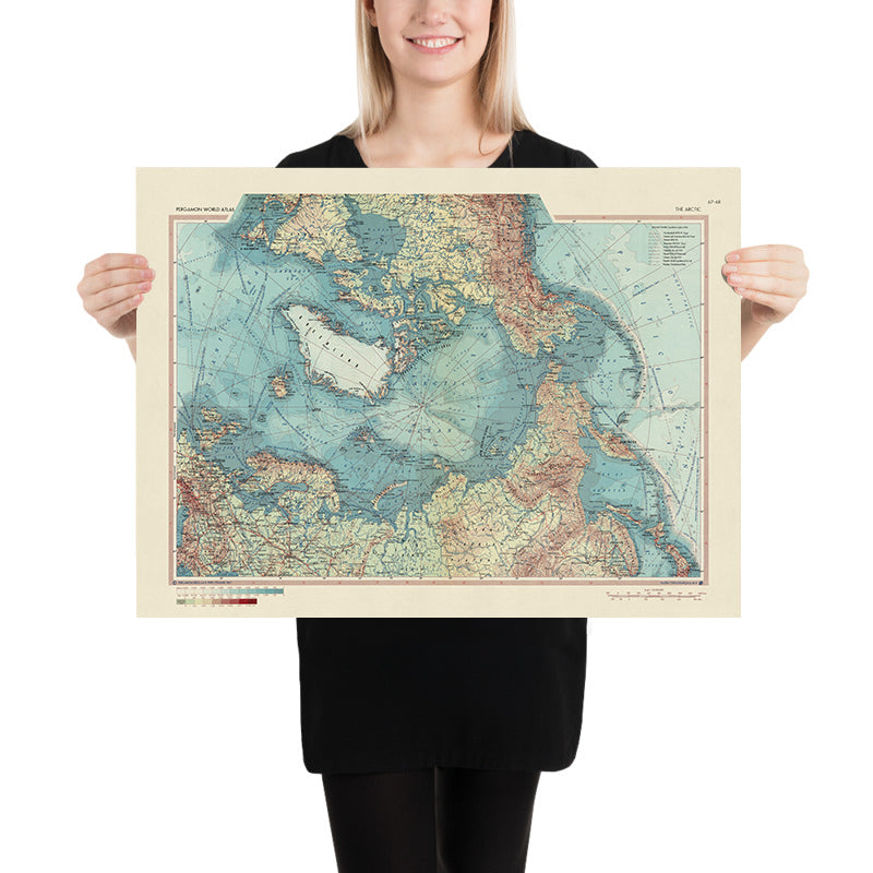 Mapa antiguo del Círculo Ártico y el Polo Norte, 1967: Svalbard, Islandia, Groenlandia, Expediciones científicas 
