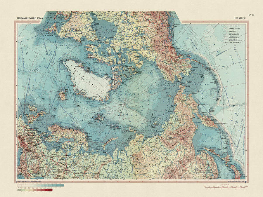 Mapa antiguo del Círculo Ártico y el Polo Norte, 1967: Svalbard, Islandia, Groenlandia, Expediciones científicas 