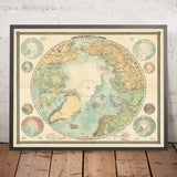 Gran mapa antiguo de la exploración ártica por Haardt, 1898: Frobisher, Hudson, Franklin, Nansen, Andrée 