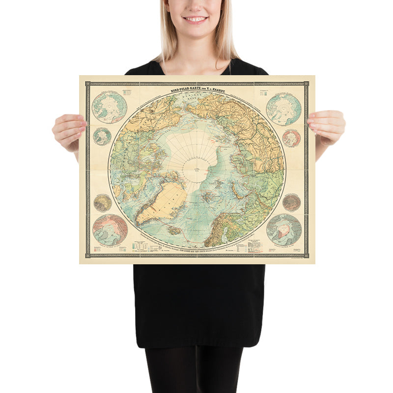 Gran mapa antiguo de la exploración ártica por Haardt, 1898: Frobisher, Hudson, Franklin, Nansen, Andrée 