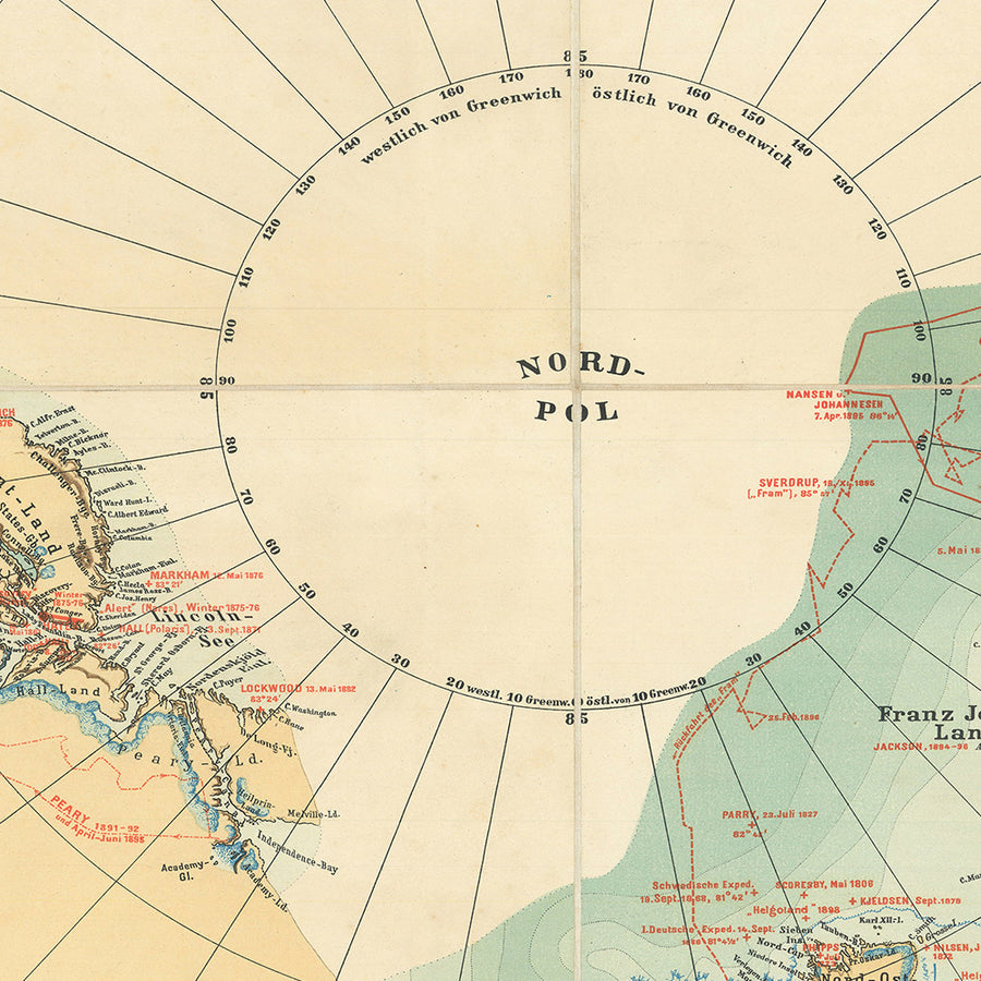Gran mapa antiguo de la exploración ártica por Haardt, 1898: Frobisher, Hudson, Franklin, Nansen, Andrée 