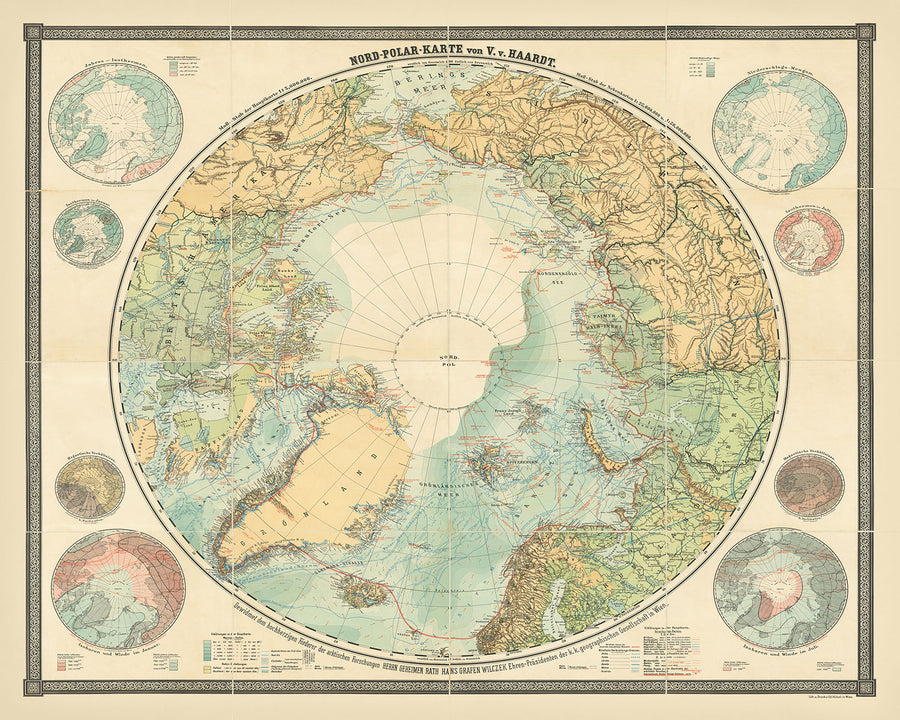 Gran mapa antiguo de la exploración ártica por Haardt, 1898: Frobisher, Hudson, Franklin, Nansen, Andrée 
