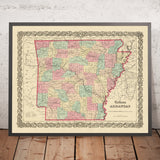 Alte Karte von Arkansas von J.H. Colton, 1855: Little Rock, Fort Smith, Fayetteville, Pine Bluff, Van Buren 