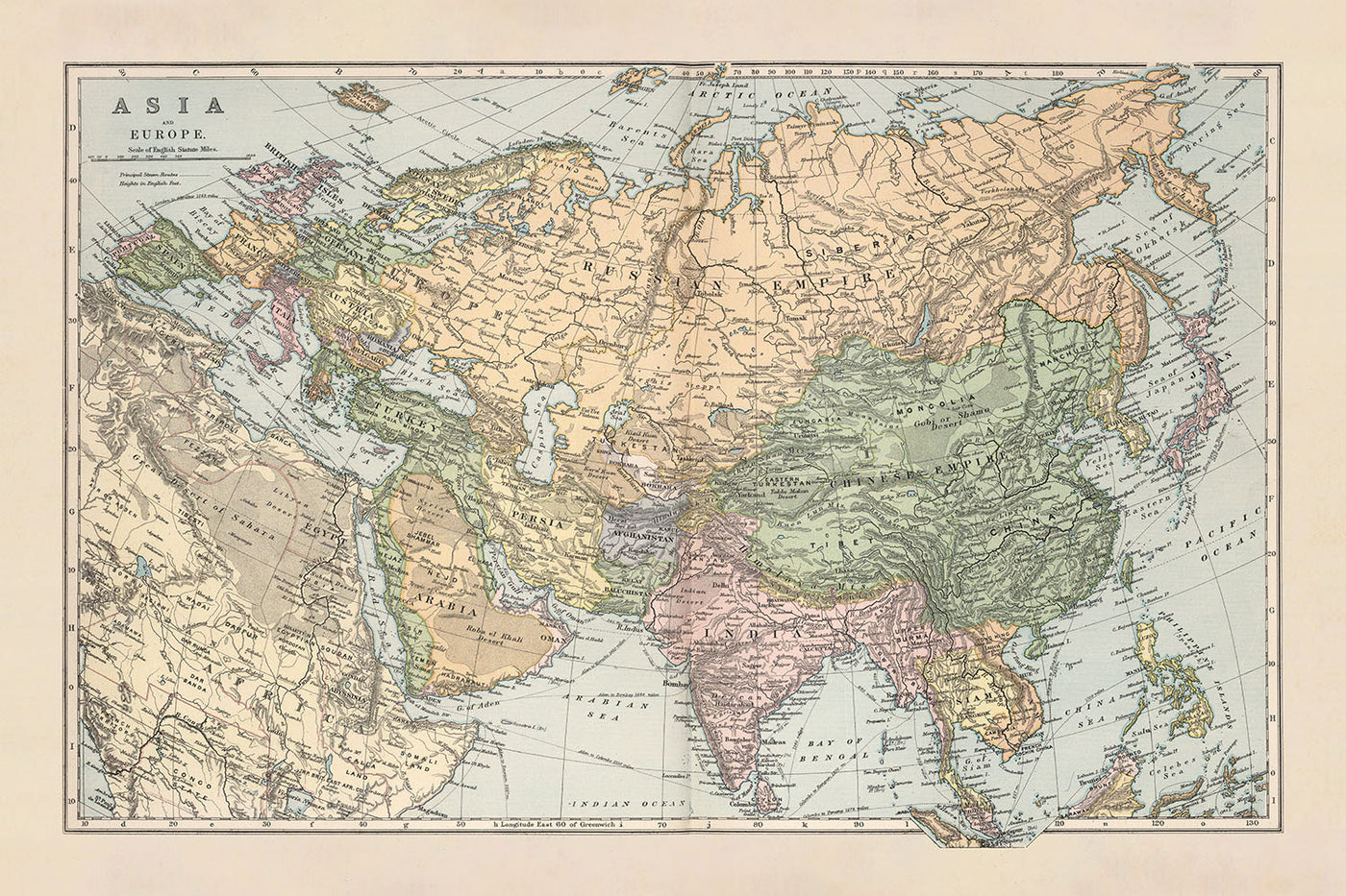 Ancienne carte de l'Asie et de l'Europe par Appleton, 1892 : divisions politiques, grandes villes, routes à vapeur