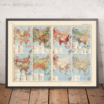 Antigua infografía del mapa de Asia, 1967: Geología, Densidad de Población, Comunicaciones, Etnografía, Agricultura 