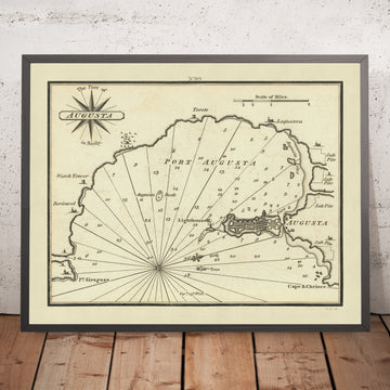 Puerto Viejo de Augusta, Sicilia Carta Náutica por Heather, 1802: Sondeos, Faro 