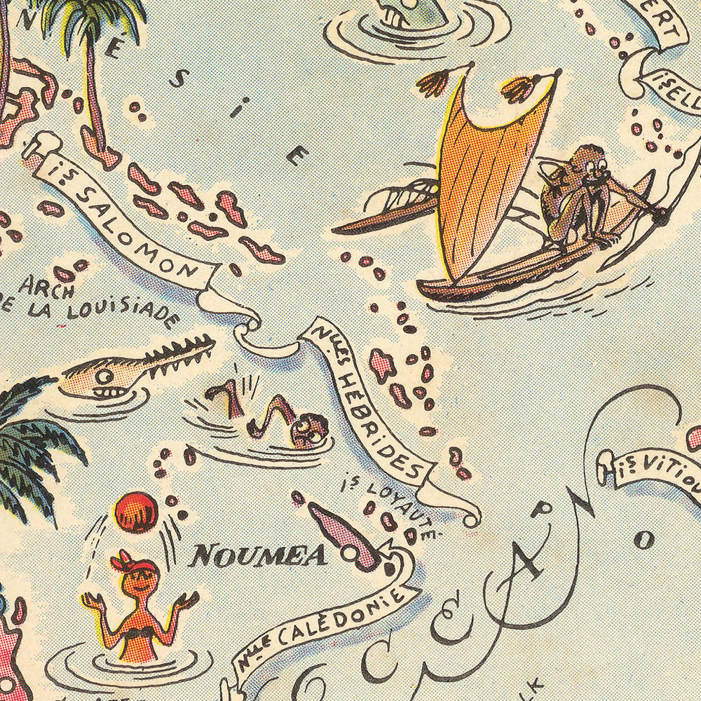 Alter bildlicher Karte von Australien & Ozeanien von Liozu, 1951: Neuseeland, Fidschi, Papua-Neuguinea, Hawaii, Pazifische Inseln 