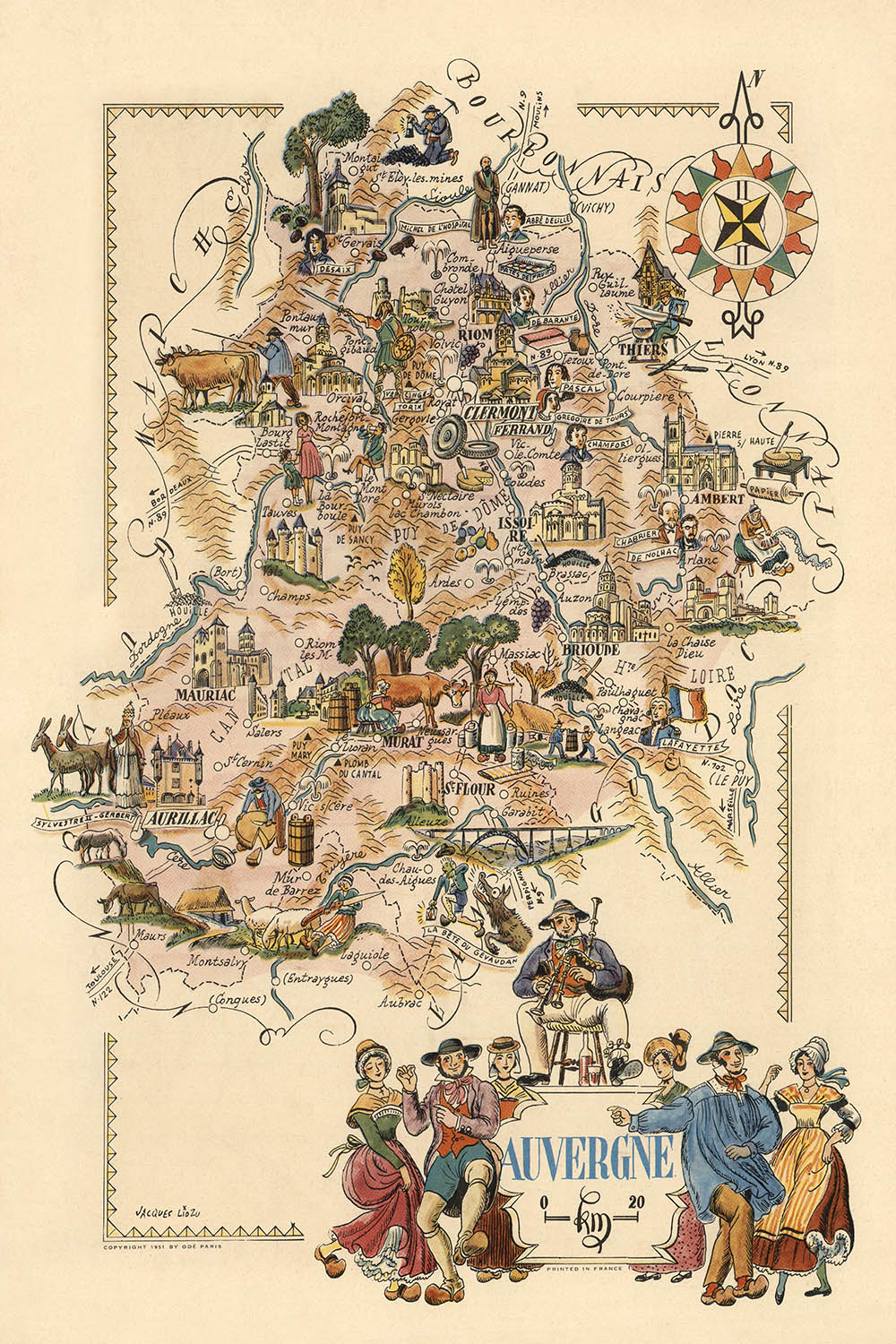 Antiguo mapa pictórico de Auvernia de Liozu, 1951: Clermont-Ferrand, Puy de Dôme, Vichy, Mont Dore, castillos