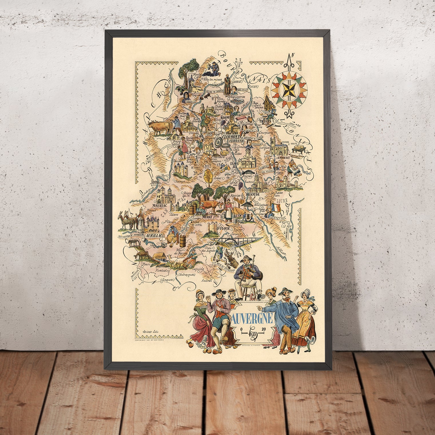 Old Pictorial Map of Auvergne by Liozu, 1951: Clermont-Ferrand, Puy de ...