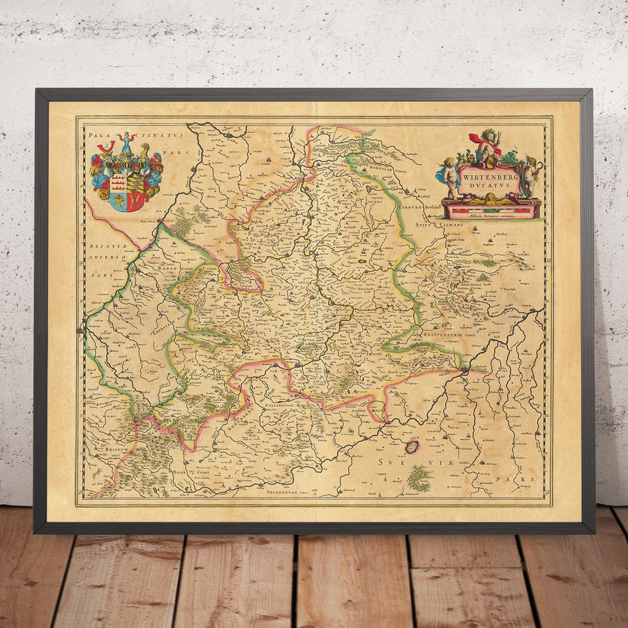 Old Map of Baden-Württemberg by Willem Blaeu, 1635: Stuttgart, Heidelberg, Mannheim, Karlsruhe, and Ulm, with the Neckar River, Lake Constance, and Black Forest