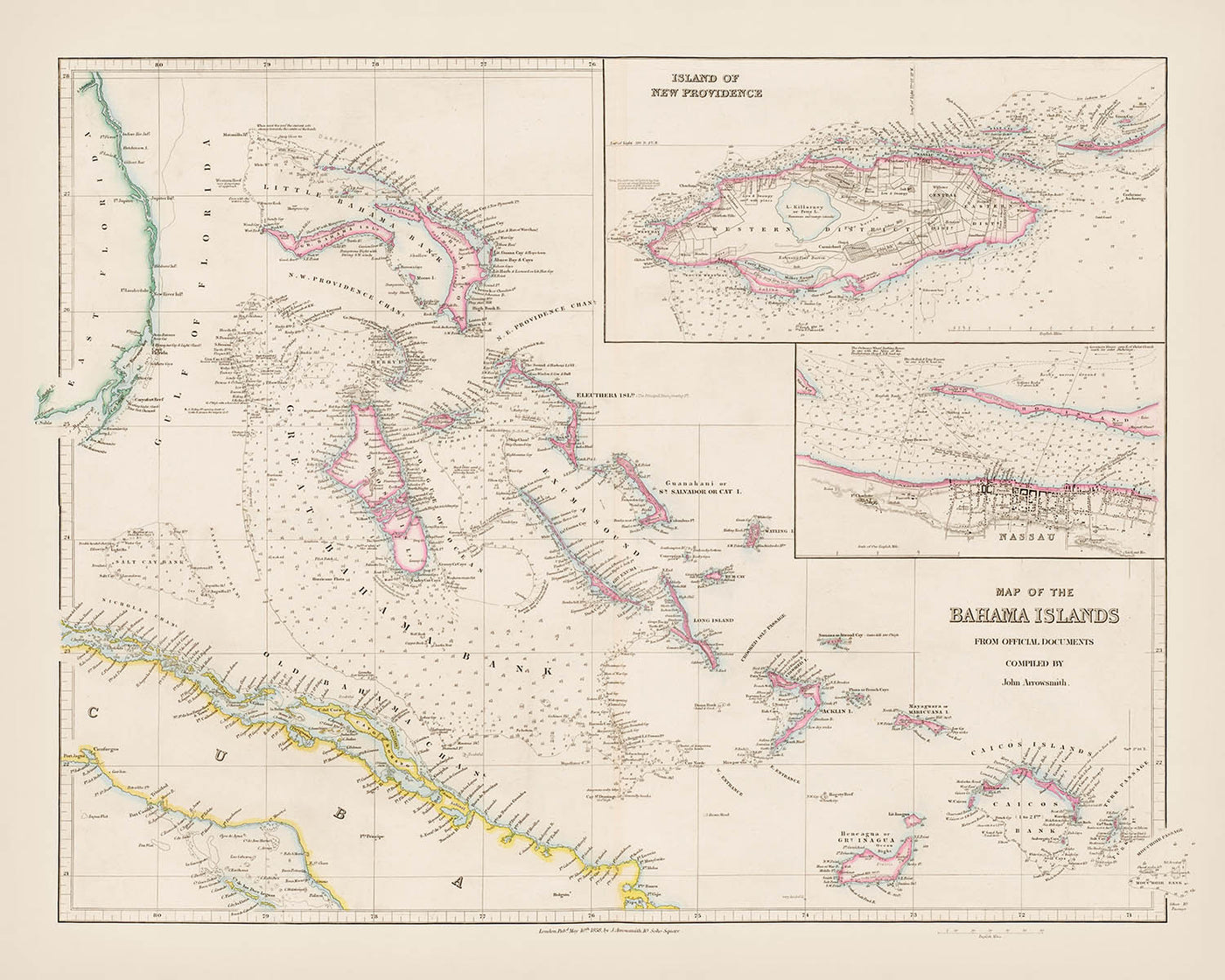 Mapa antiguo de las Bahamas de Arrowsmith, 1858: Nassau, New Providence, canales, bancos, costas