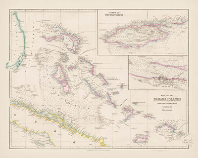 Mapa antiguo de las Bahamas de Arrowsmith, 1858: Nassau, New Providence, canales, bancos, costas