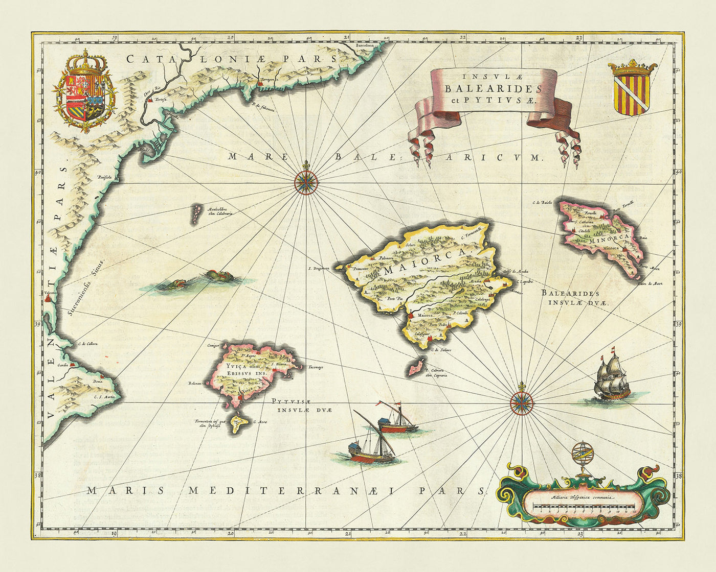 Alte Karte der Balearen, 1640: Mallorca, Menorca, Ibiza, katalanische Küste, Seeungeheuer