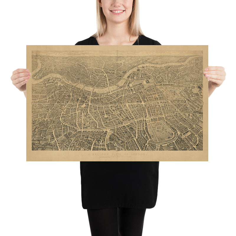 Vecchia mappa pittorica di Londra di Henry Banks, 1851: "Una vista in pallone" di Buckingham Palace, St Paul, il Parlamento, Hyde Park, ecc. 