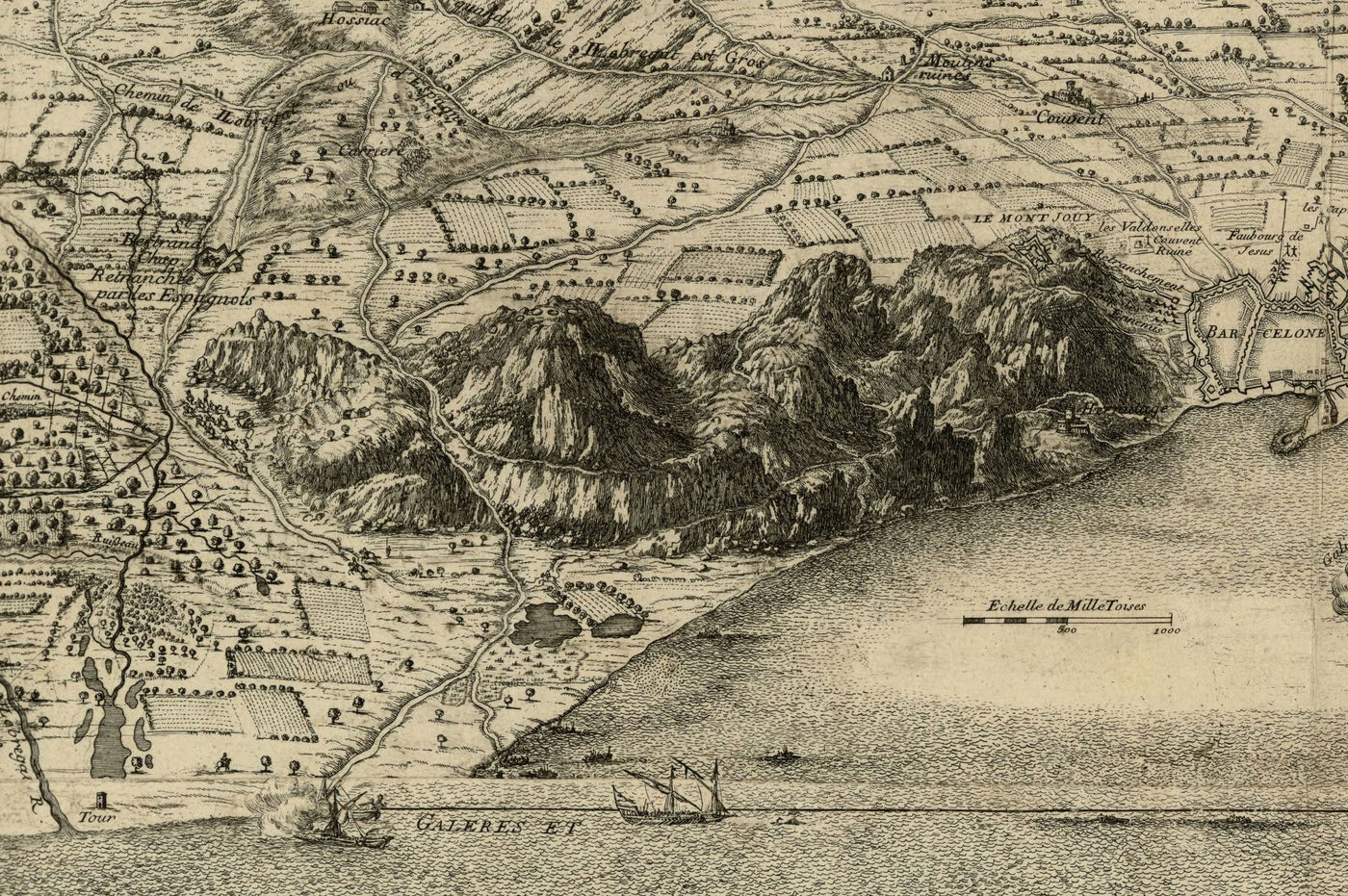 Alte Vogelperspektivenkarte der Belagerung von Barcelona durch Beaulieu, 1697: Montjuïc, Seestreitkräfte, französische Lager.