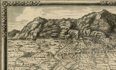 Alte Vogelperspektivenkarte der Belagerung von Barcelona durch Beaulieu, 1697: Montjuïc, Seestreitkräfte, französische Lager.