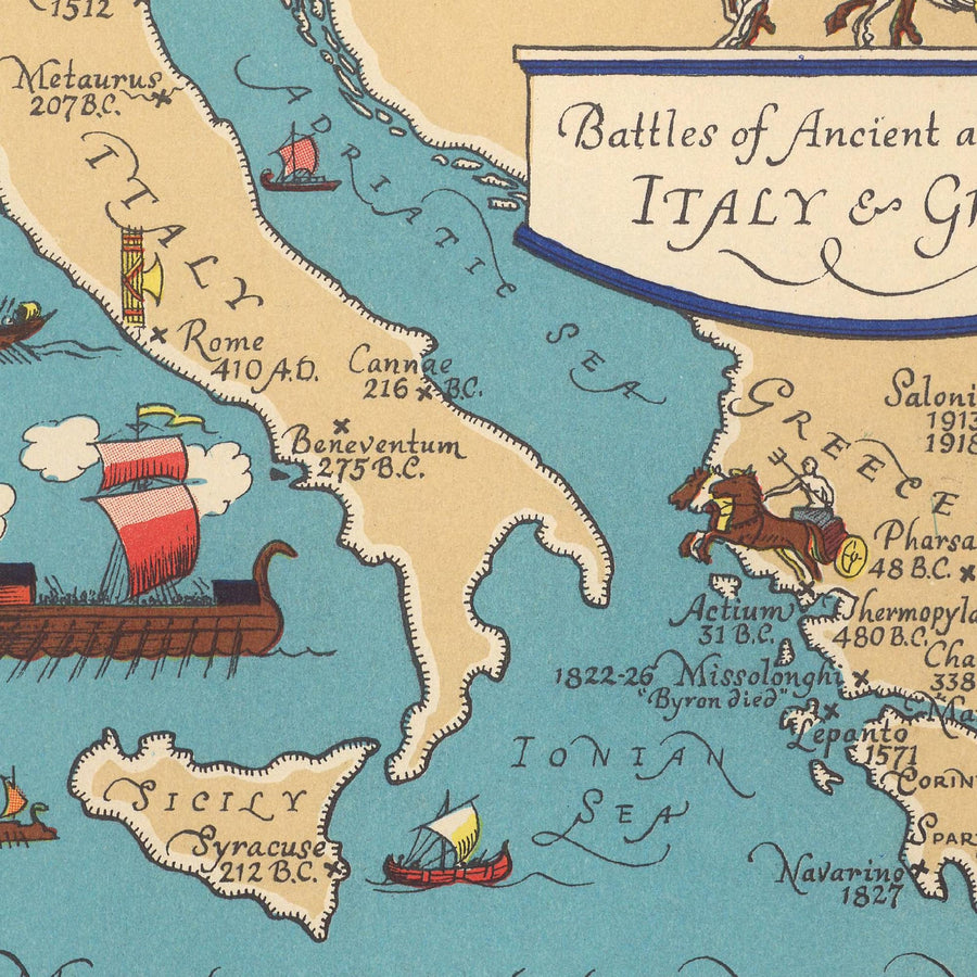 Alte Weltkarte von Voute, 1940: Historische Schlachten, Trojaner, Trojanischer Krieg, Indische Kriege, Napoleon, Armada, Alexander der Große, Römer 