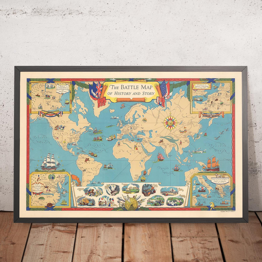 Alte Weltkarte von Voute, 1940: Historische Schlachten, Trojaner, Trojanischer Krieg, Indische Kriege, Napoleon, Armada, Alexander der Große, Römer 