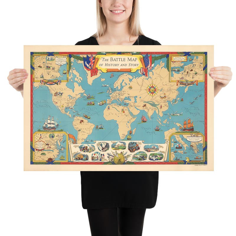 Alte Weltkarte von Voute, 1940: Historische Schlachten, Trojaner, Trojanischer Krieg, Indische Kriege, Napoleon, Armada, Alexander der Große, Römer 