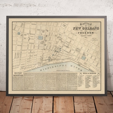 Ancienne bataille de la Nouvelle-Orléans, carte de 1874 : Jackson Square, Custom House, State House, Lafayette Square, fleuve Mississippi 