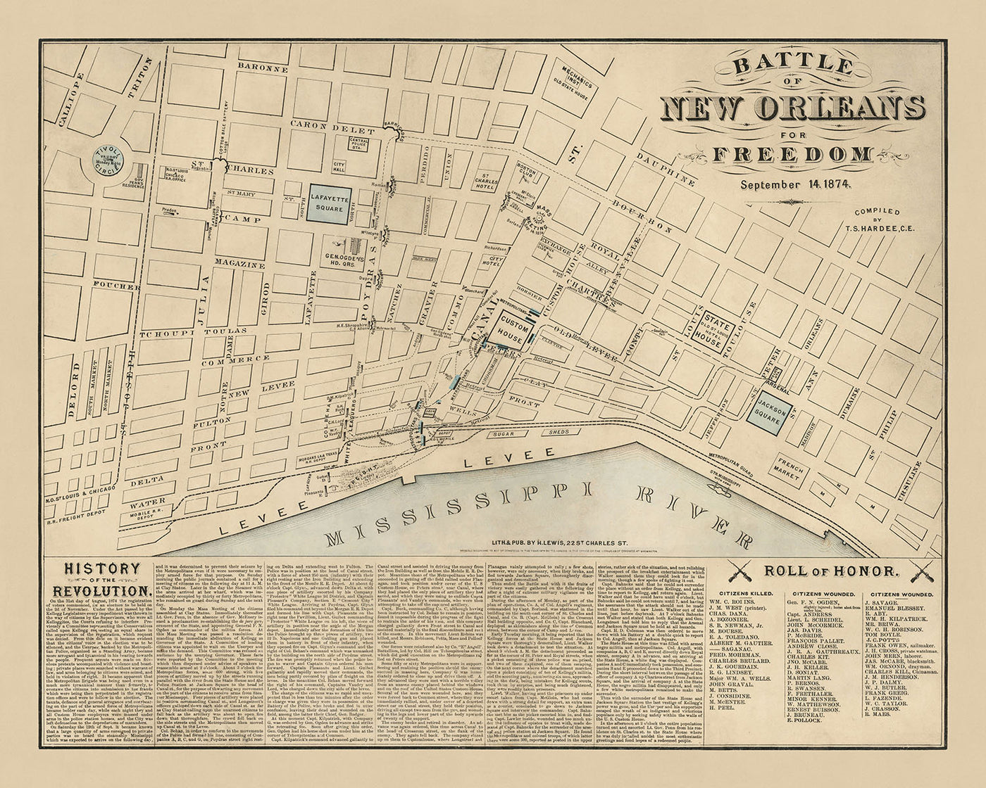 Mapa militar antiguo de Nueva Orleans, realizado por Hardee en 1874: Jackson Square, Custom House, State House, Lafayette Square y el río Mississippi